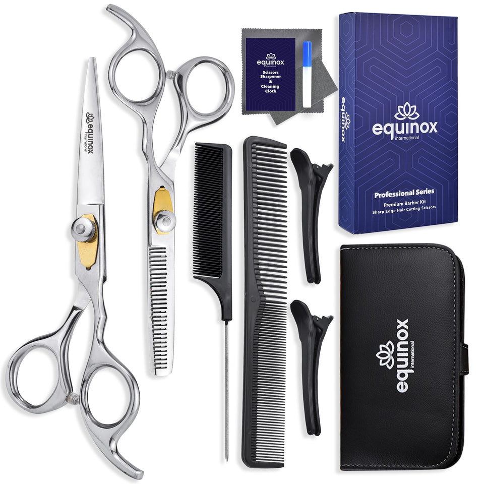 Equinox International pro hair scissors close-up showing precise cutting edge for clean results