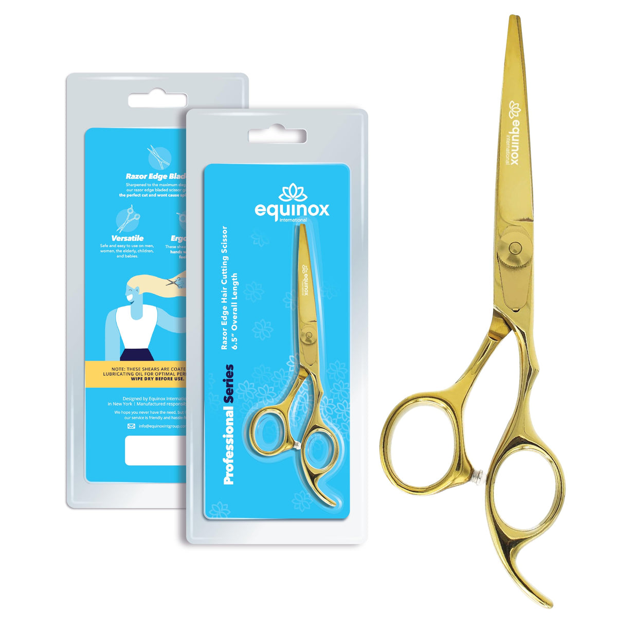 Equinox Razor Edge Series 6.5-inch hair scissors offer precise control for salon use.