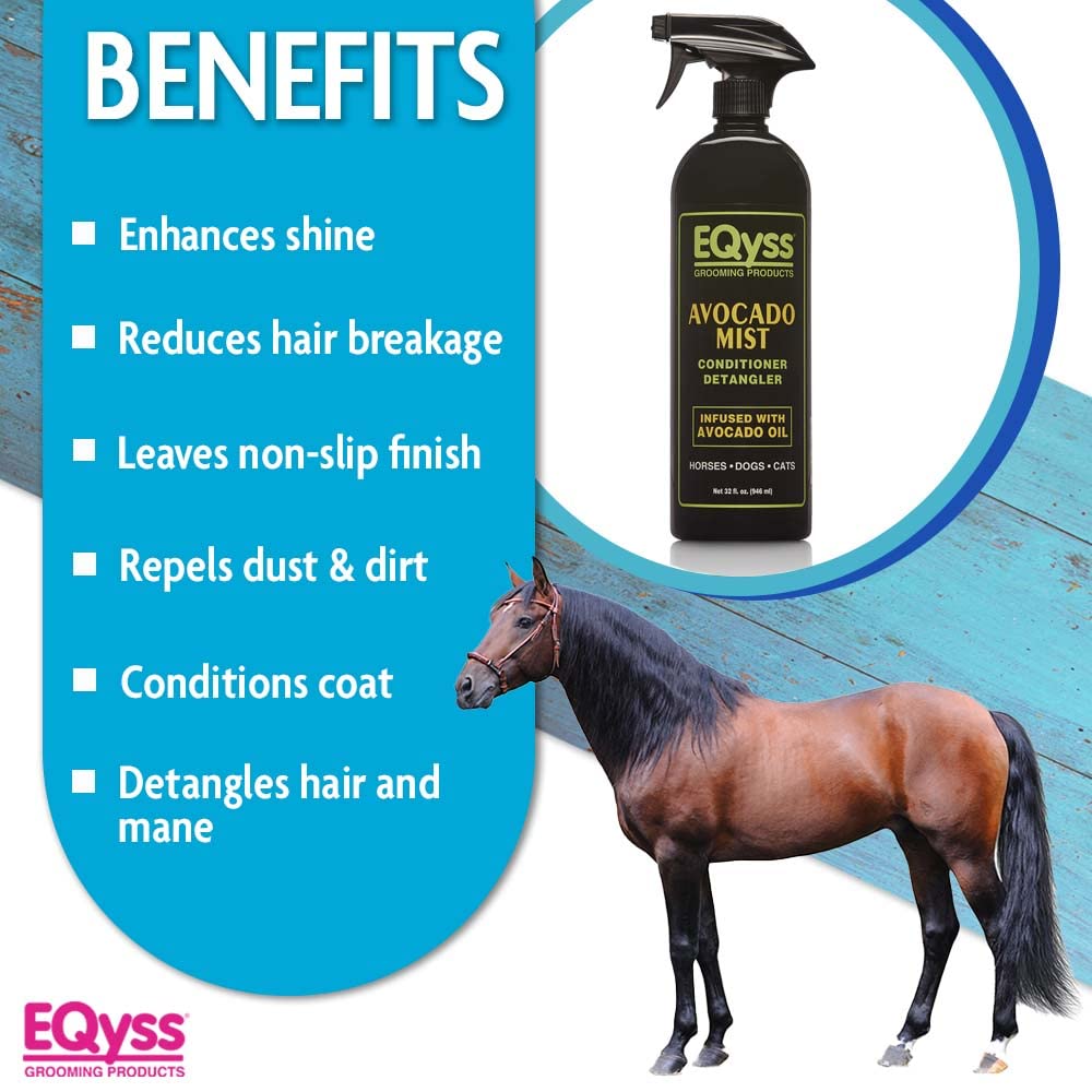 Eqyss Avocado Mist on horse coat adds natural shine and manageability.