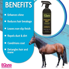 Eqyss Avocado Mist on horse coat adds natural shine and manageability.