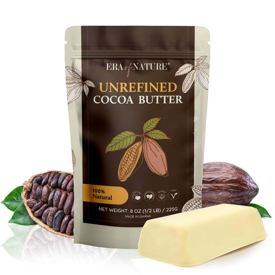 Era of Nature Cocoa Butter Raw bar on counter for pure hydration.