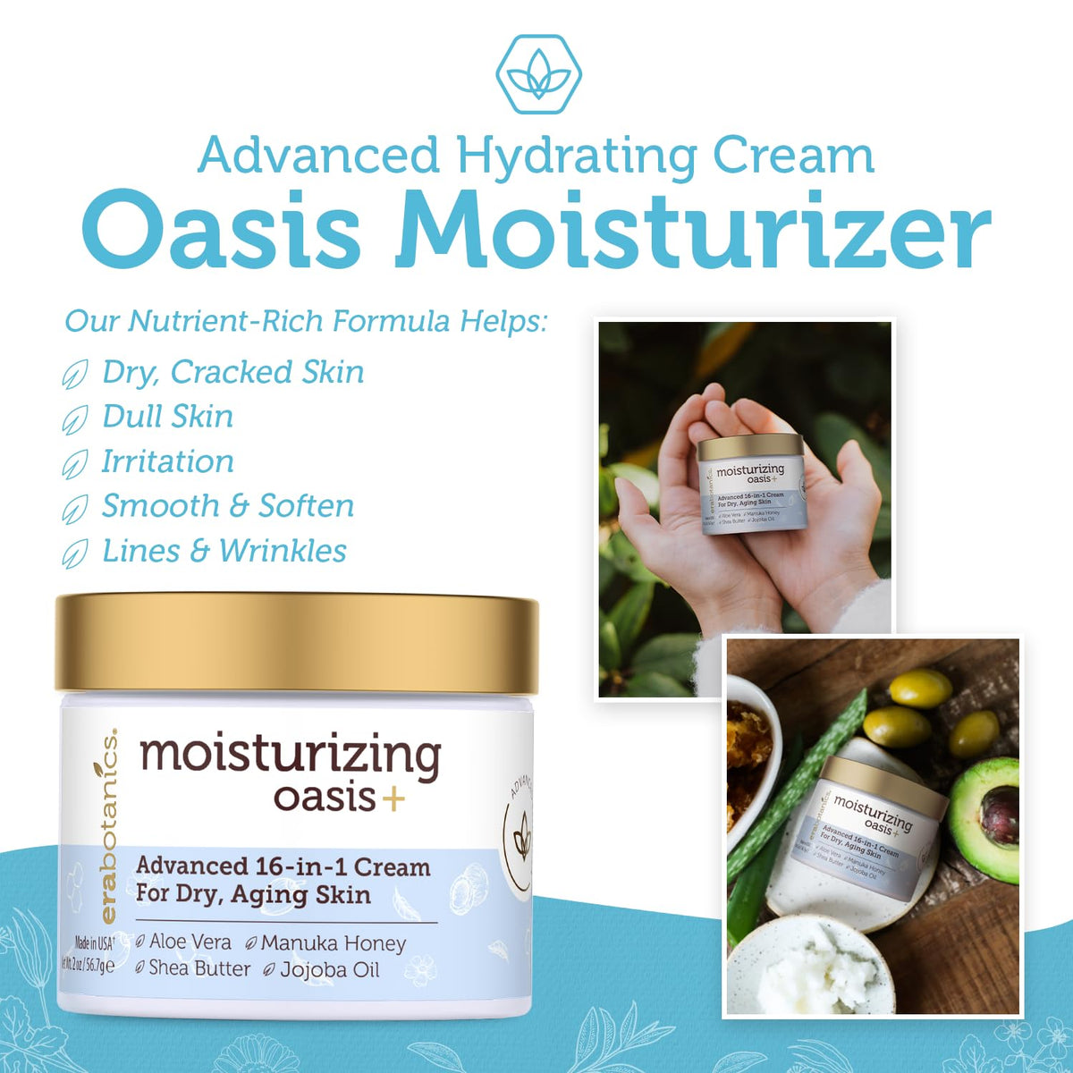 Illustration of main ingredients: Aloe Vera, Manuka Honey, Avocado, Jojoba and Olive Oils