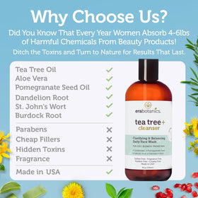 Era Organics Purifying Tea Tree Face Wash ingredients—goldenseal, burdock, aloe for soothing care.