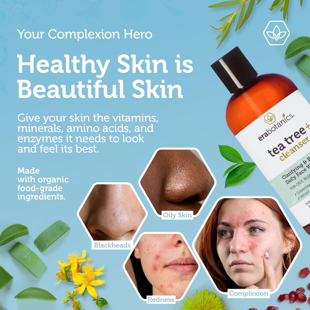 Era Organics Purifying Tea Tree Face Wash skin closeup—tea tree benefits for blemish-prone skin.