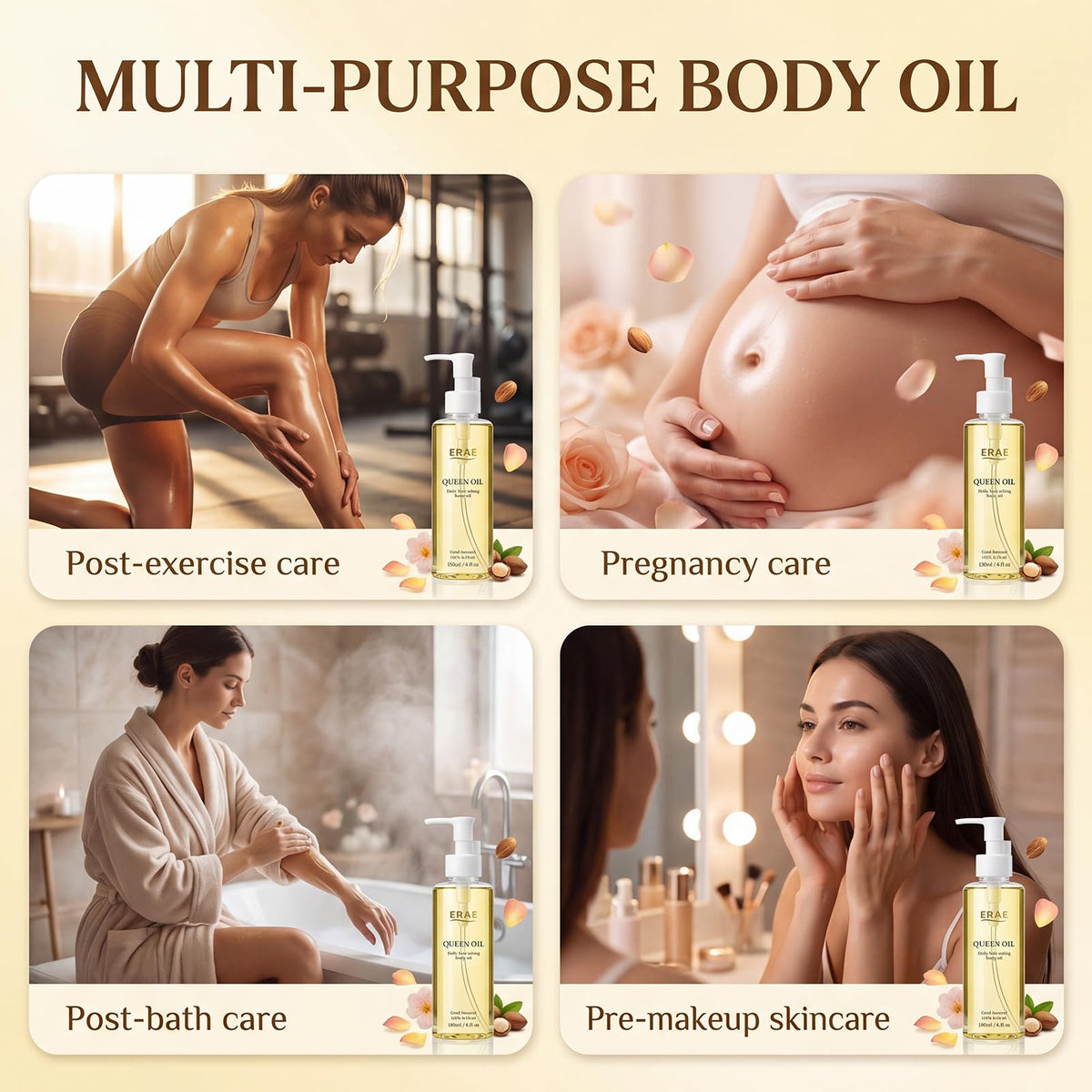 ERAE Queen Body Oil application on arms and legs shows versatile daily use.