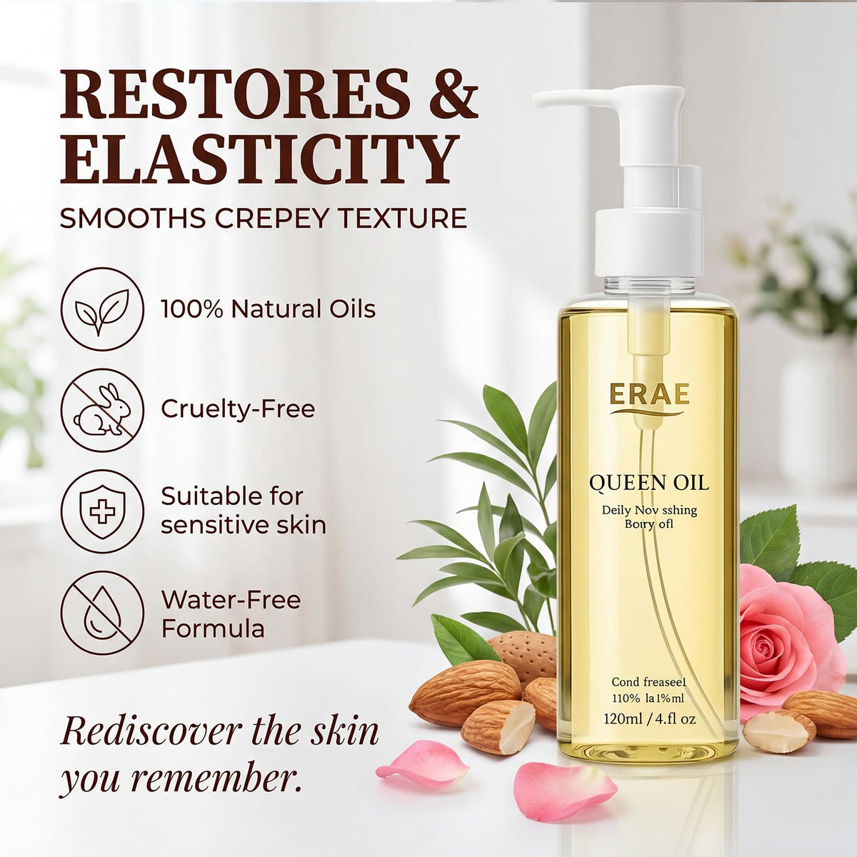 ERAE Queen Body Oil botanical blend emphasizes natural moisture protection for skin.