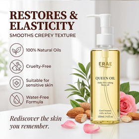 ERAE Queen Body Oil botanical blend emphasizes natural moisture protection for skin.