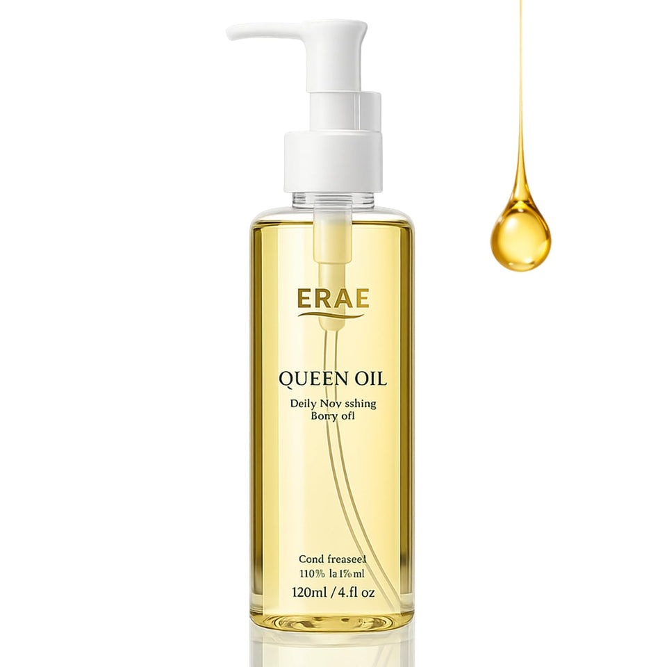 ERAE Queen Body Oil bottle pour demonstrates lightweight hydration for daily use.