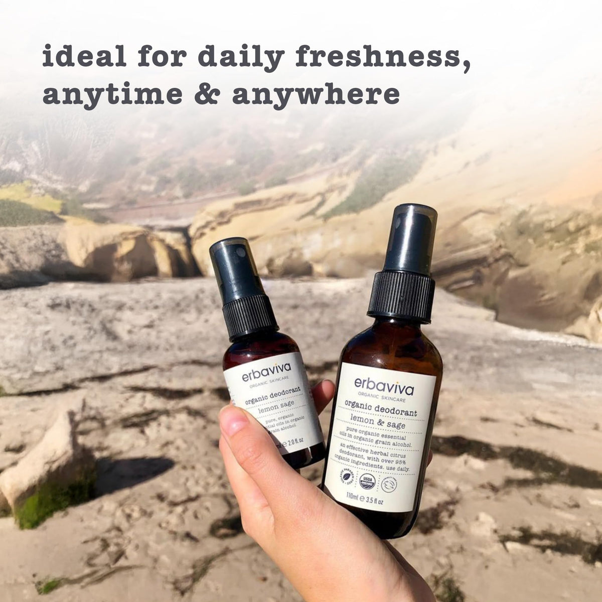 Daily use shot of Erbaviva Lemon Sage deodorant for fresh underarms