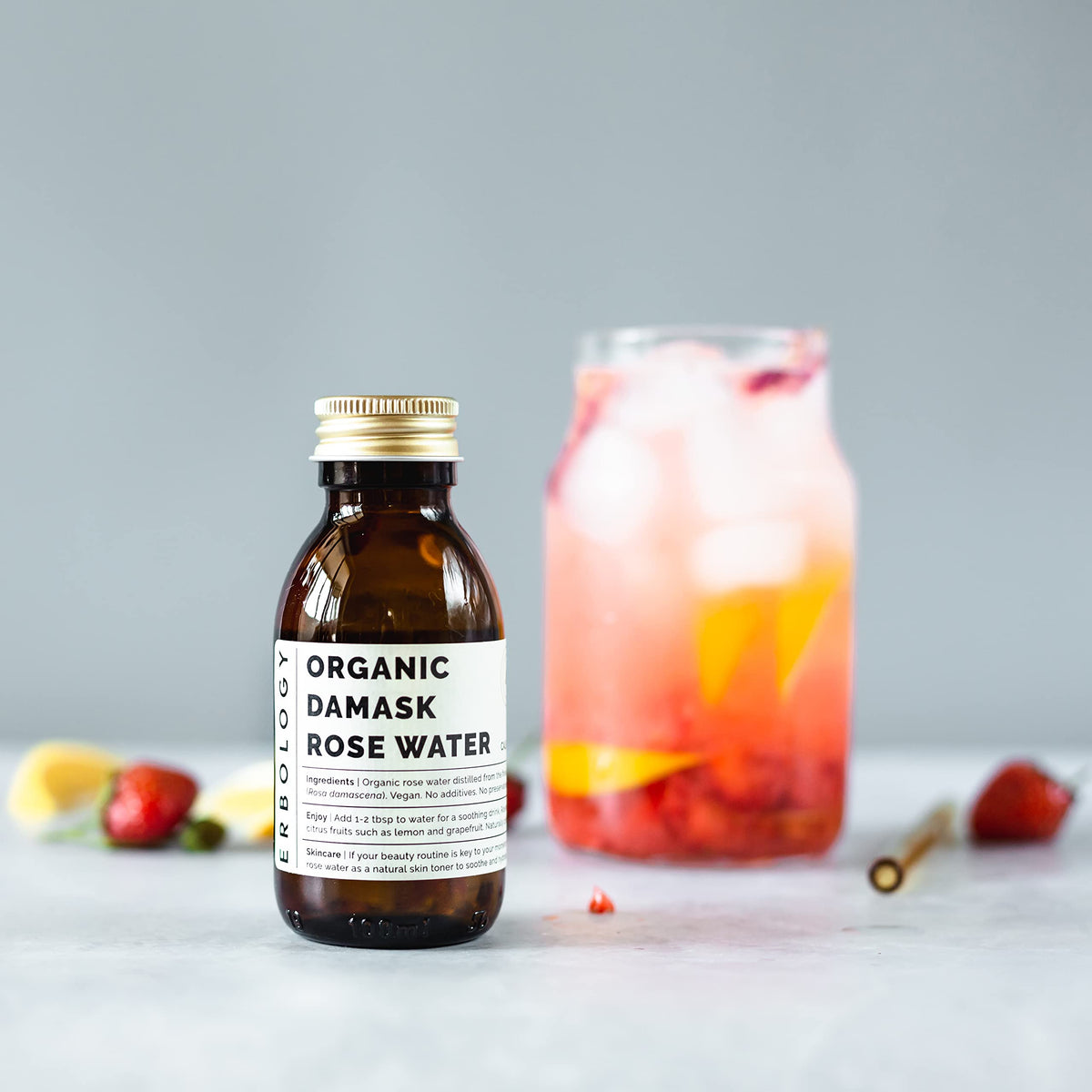 Erbology Rose Water pour, ideal for adding delicate floral notes to beverages.