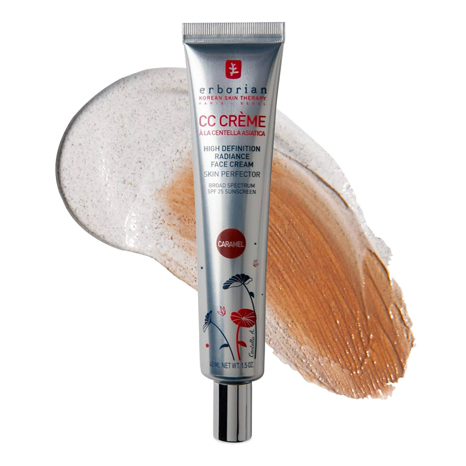 Erborian CC Cream Caramel Light bottle showing skincare-makeup fusion and SPF protection.
