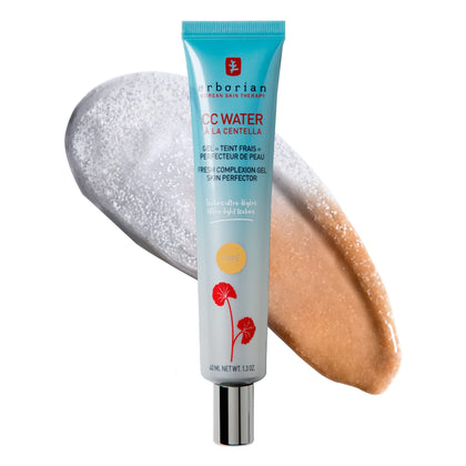 Erborian CC Water Doré bottle close-up showing weightless hydration and gel texture