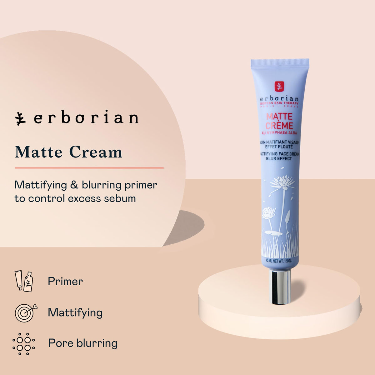 Erborian Matte Face Cream swatch demonstrating natural pore-blurring effect.
