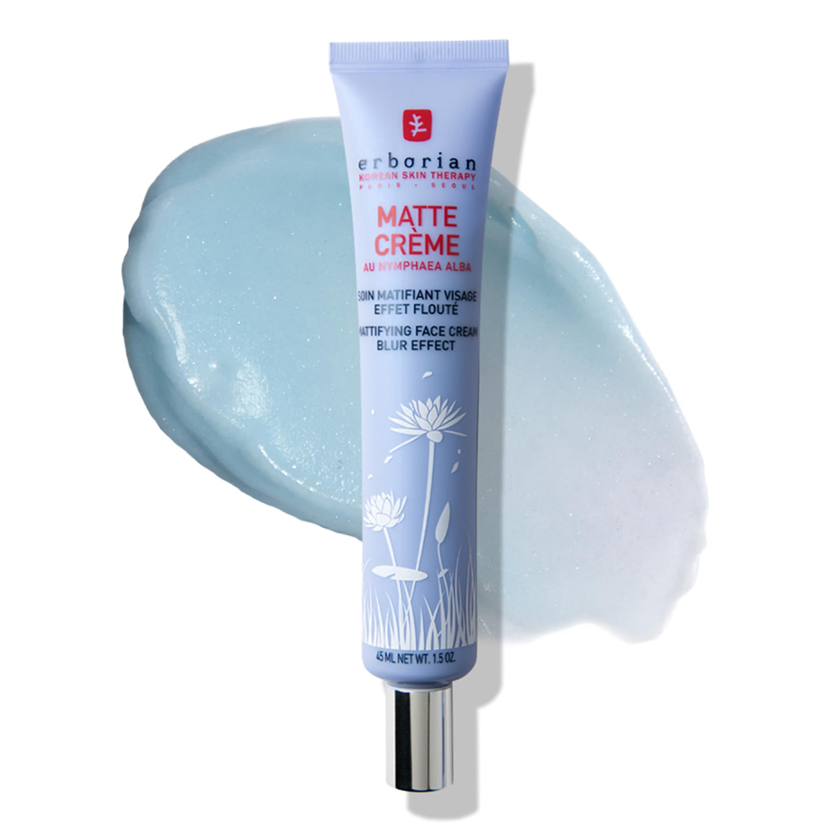 Erborian Matte Face Cream texture close-up showing a smooth, pore-blurring finish.