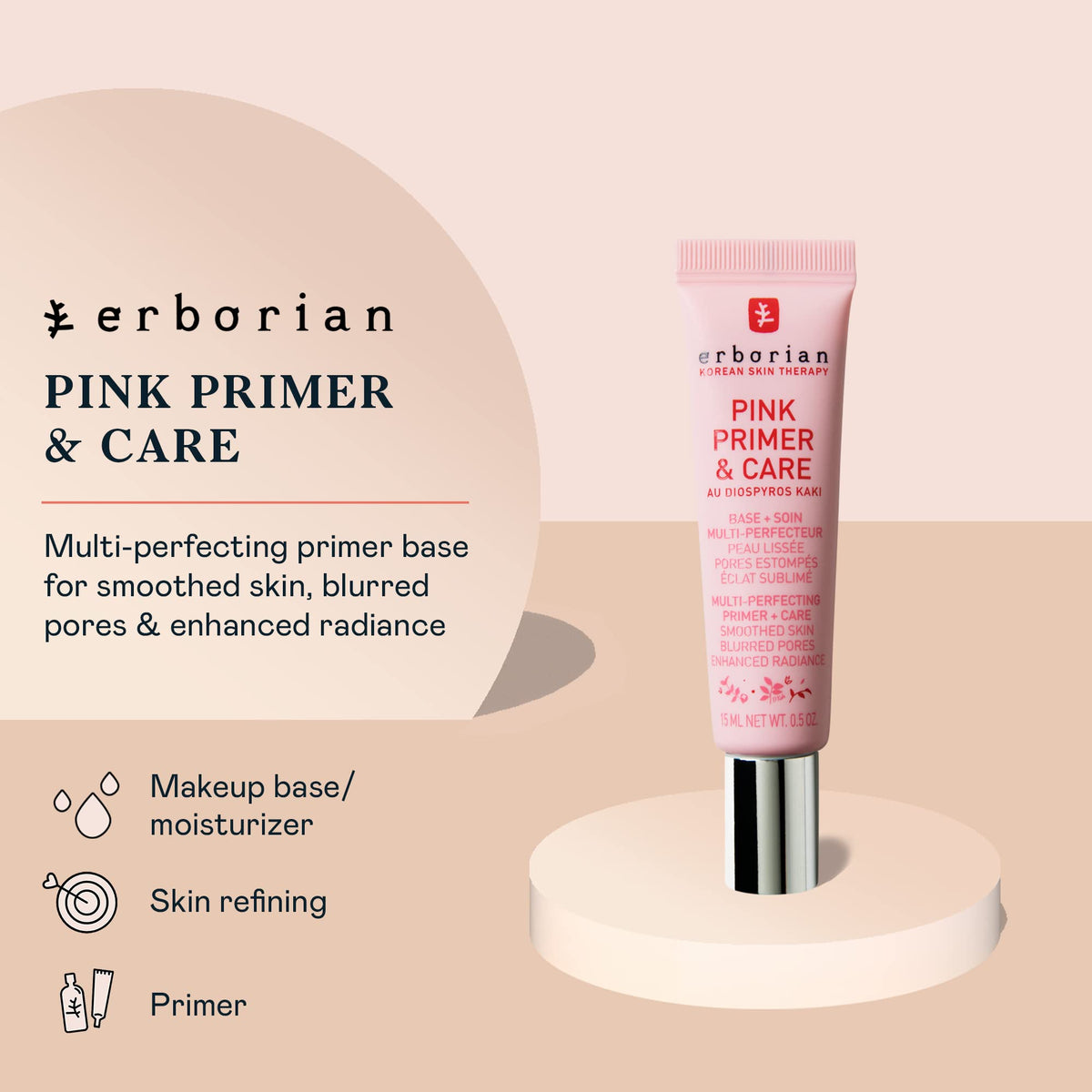 Erborian Pink Primer balm on hand demonstrates easy, quick prep for makeup.