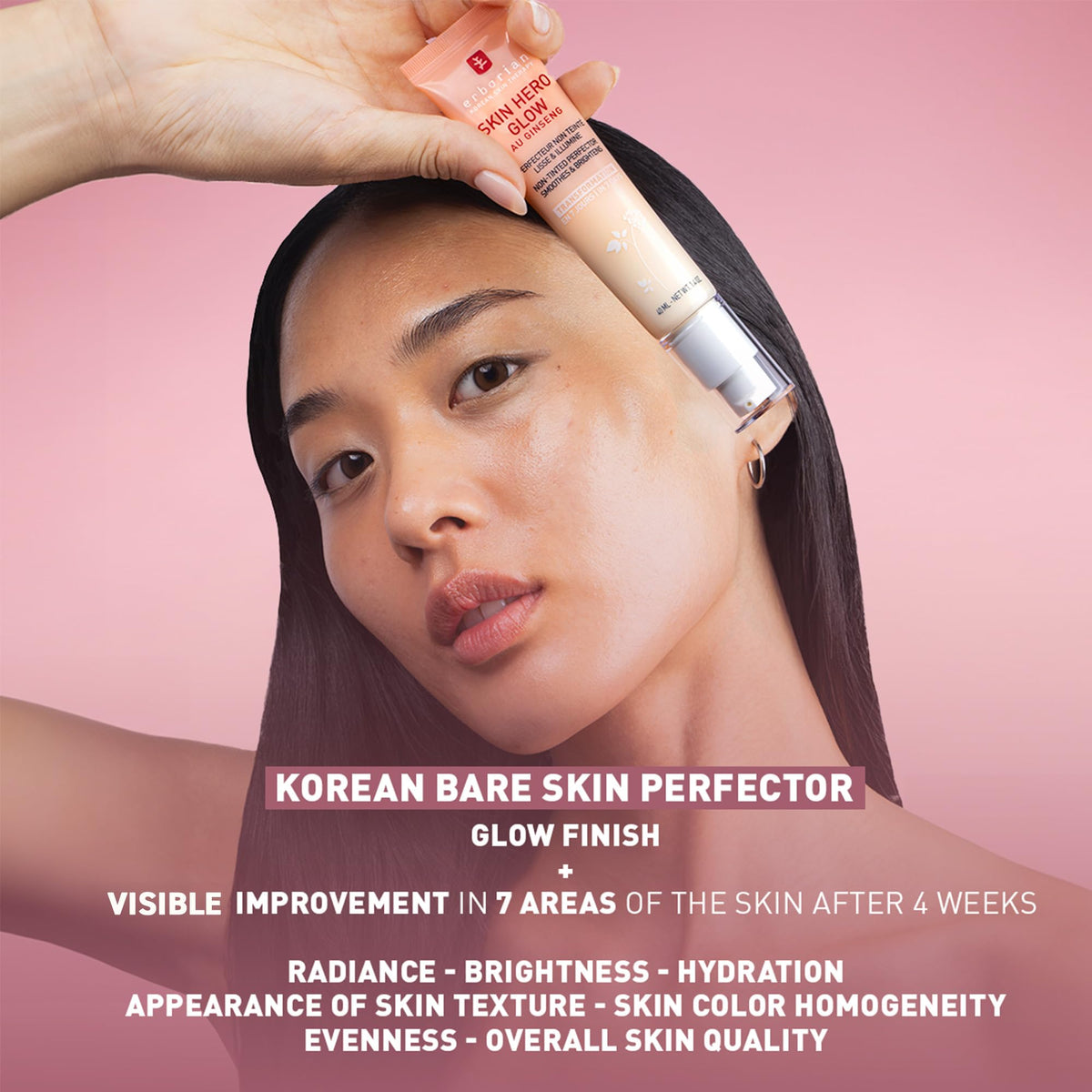 Erborian Skin Hero Glow texture closeup shows refined skin and luminous finish