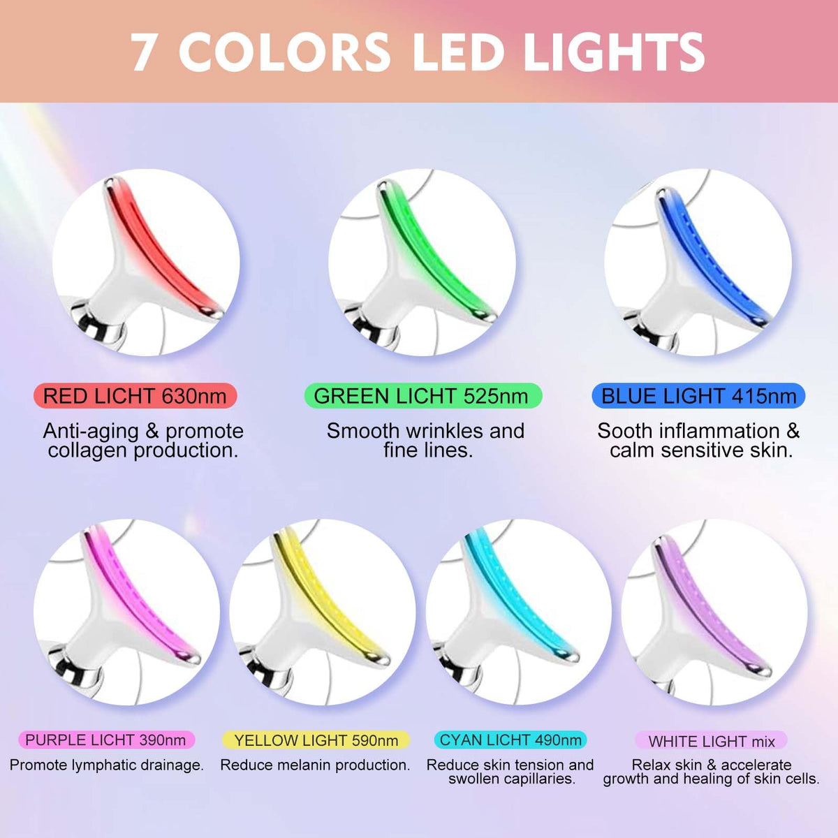 Erdnretl facial massager showing seven color modes for personalized sessions.