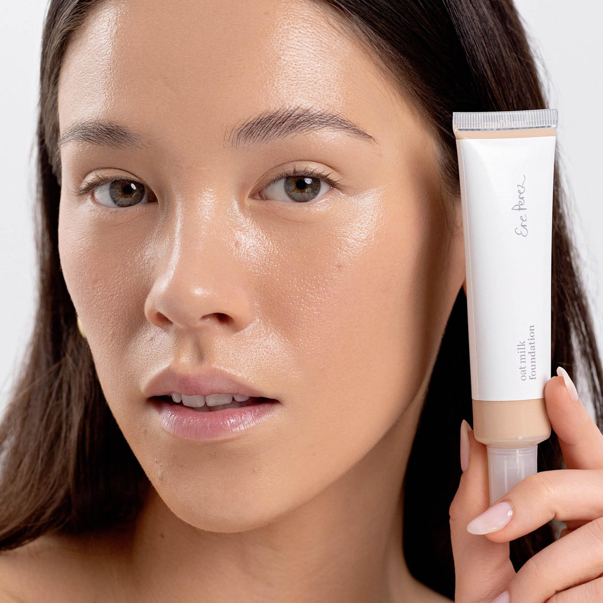 Foundation texture hints at a dewy finish for everyday glow with Ere Perez.