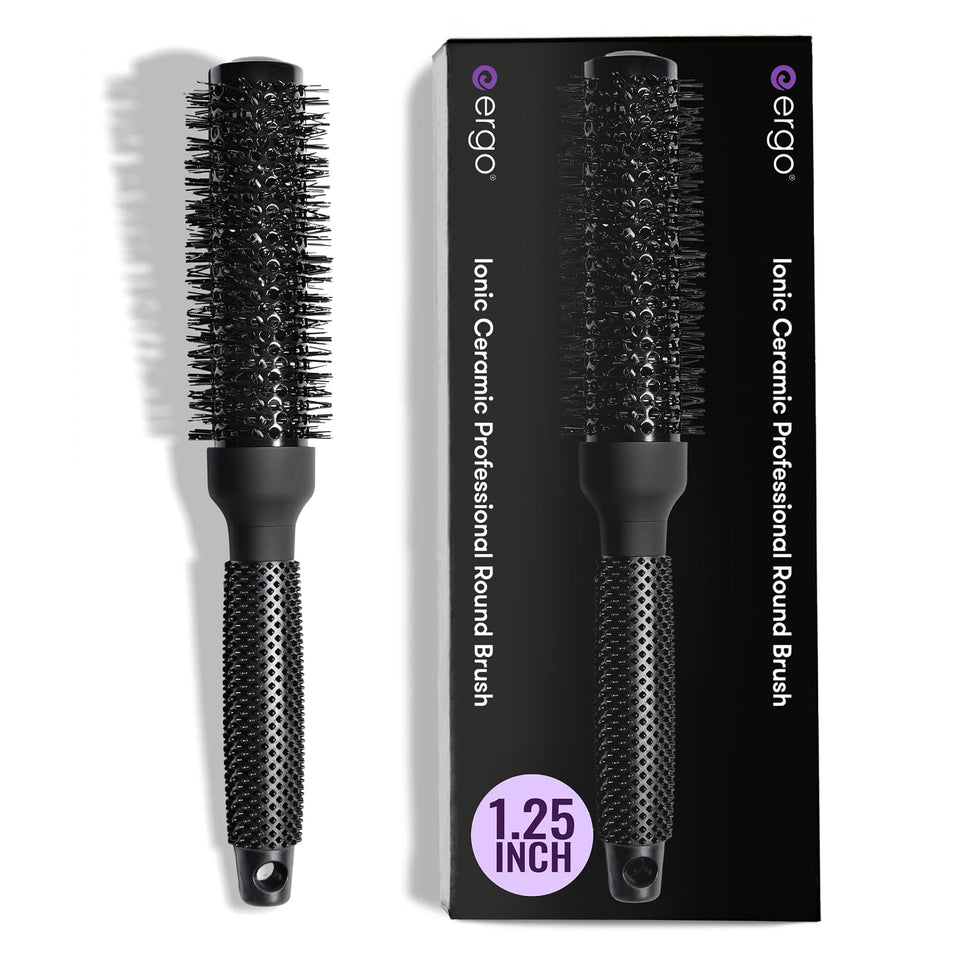 ERGO Ceramic Ionic Round Brush for blowouts, delivering salon-grade shine and smoothness