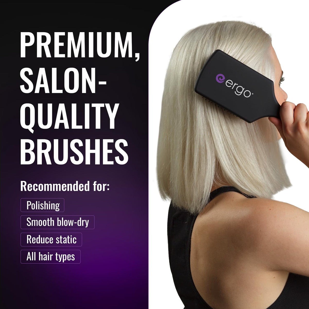 ERGO Ionic Paddle Brush detangles wet and dry hair without snagging.