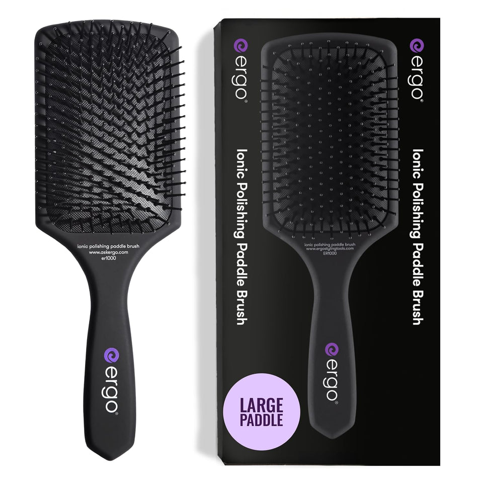 ERGO Ionic Paddle Brush with large polishing bristles for smooth, shiny hair.