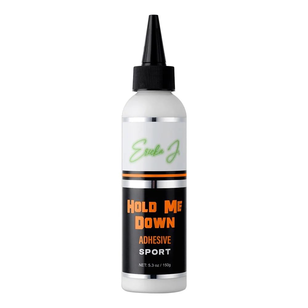 Ericka J Hold Me Down adhesive bottle pour shows peach-scented, sweat-resistant hold for lace wigs.