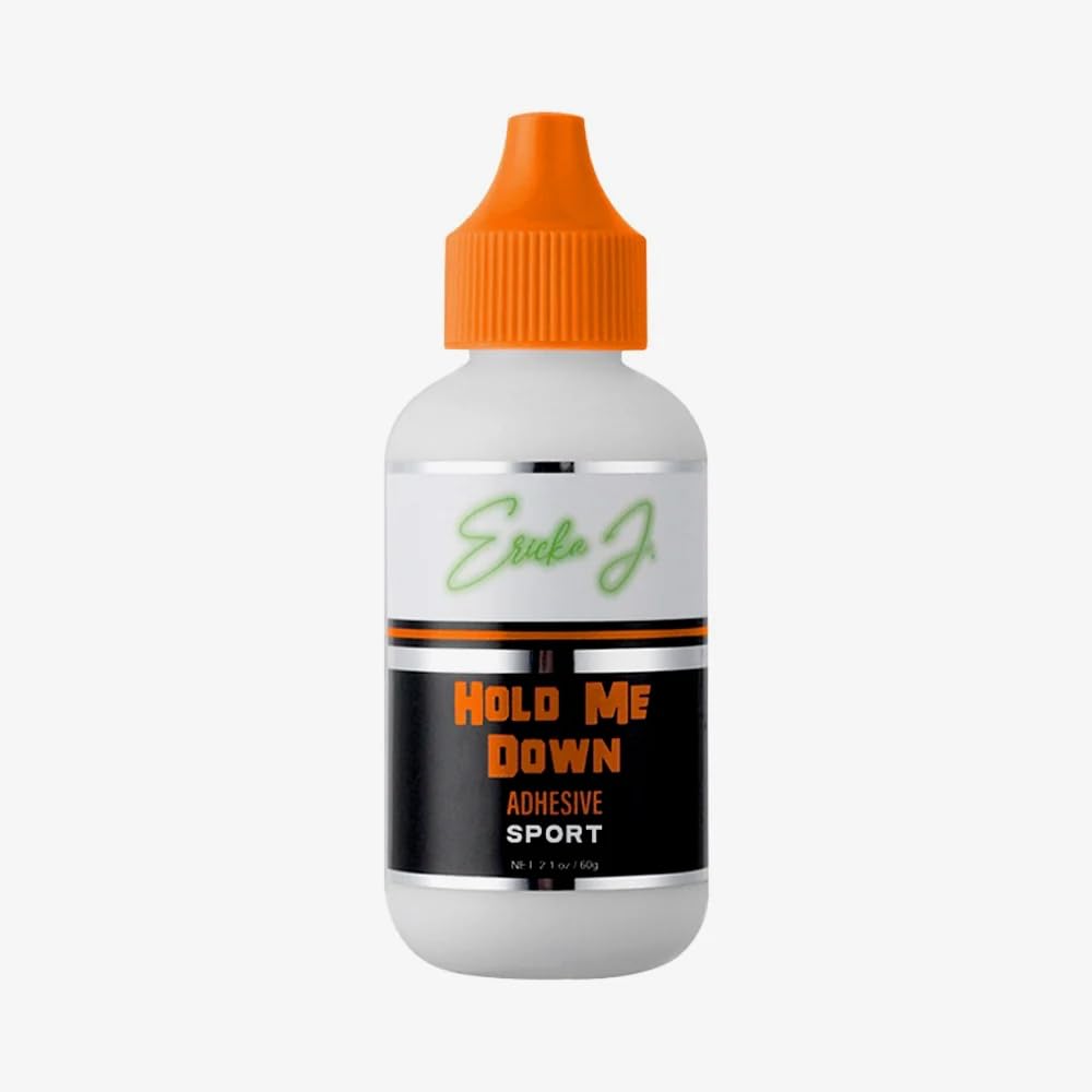 Ericka J Hold Me Down adhesive bottle with peach essence for secure wear.