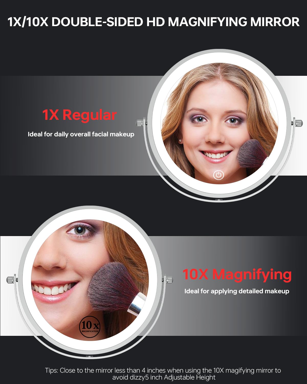 Erlingeryi double-sided magnifying mirror for both overall makeup and close-up detail.