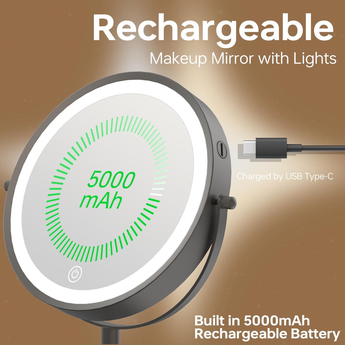 Erlingeryi lighted makeup mirror 5000mAh rechargeable for long cordless use.