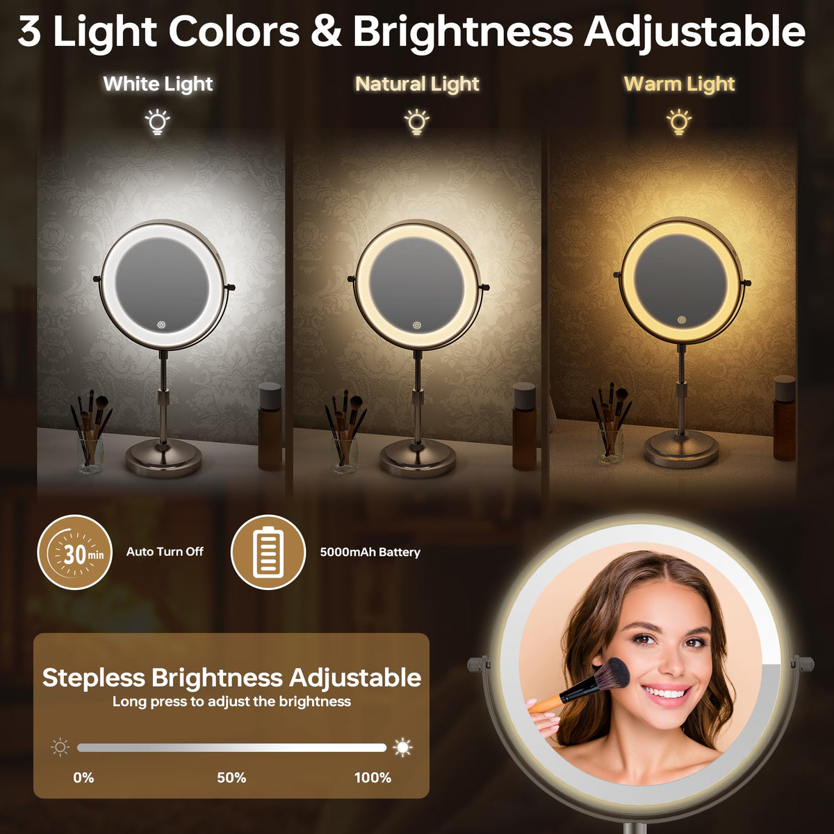 Erlingeryi dimmable 3-color LEDs provide natural lighting for makeup.