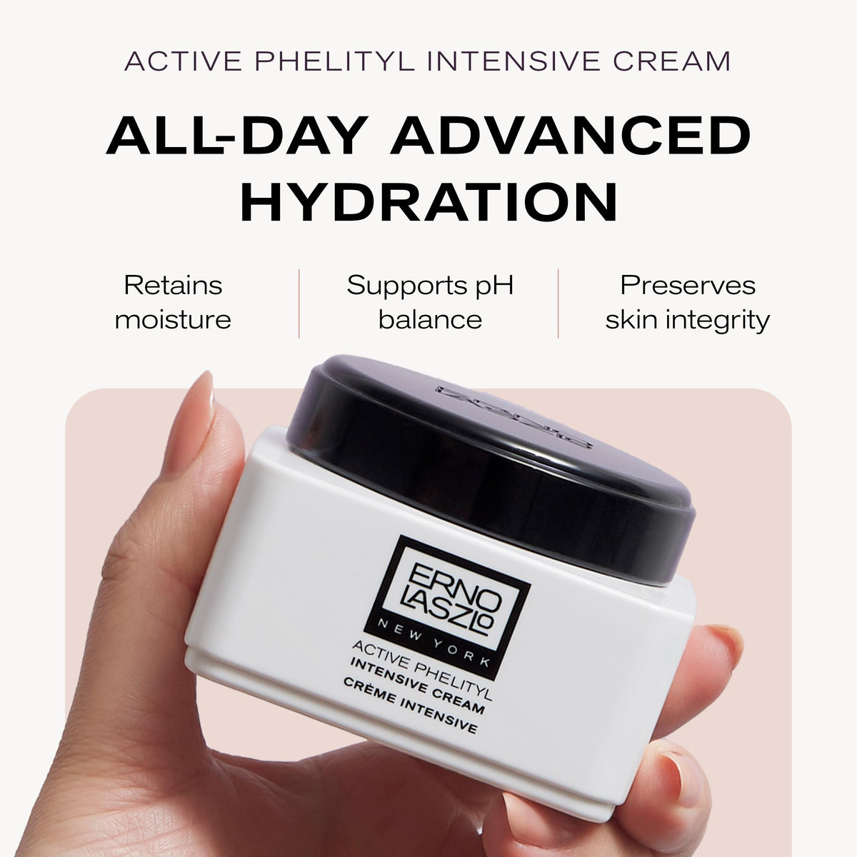 Erno Laszlo Active Phelityl Intensive Cream jar on desk signals premium daily hydration.