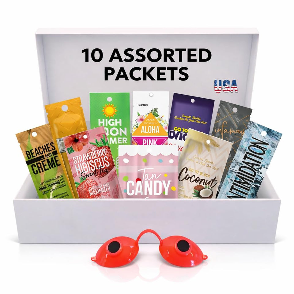 ES Global Brands The Tan Box random packaging shows a mystery tanning mix for indoor and outdoor tanning.