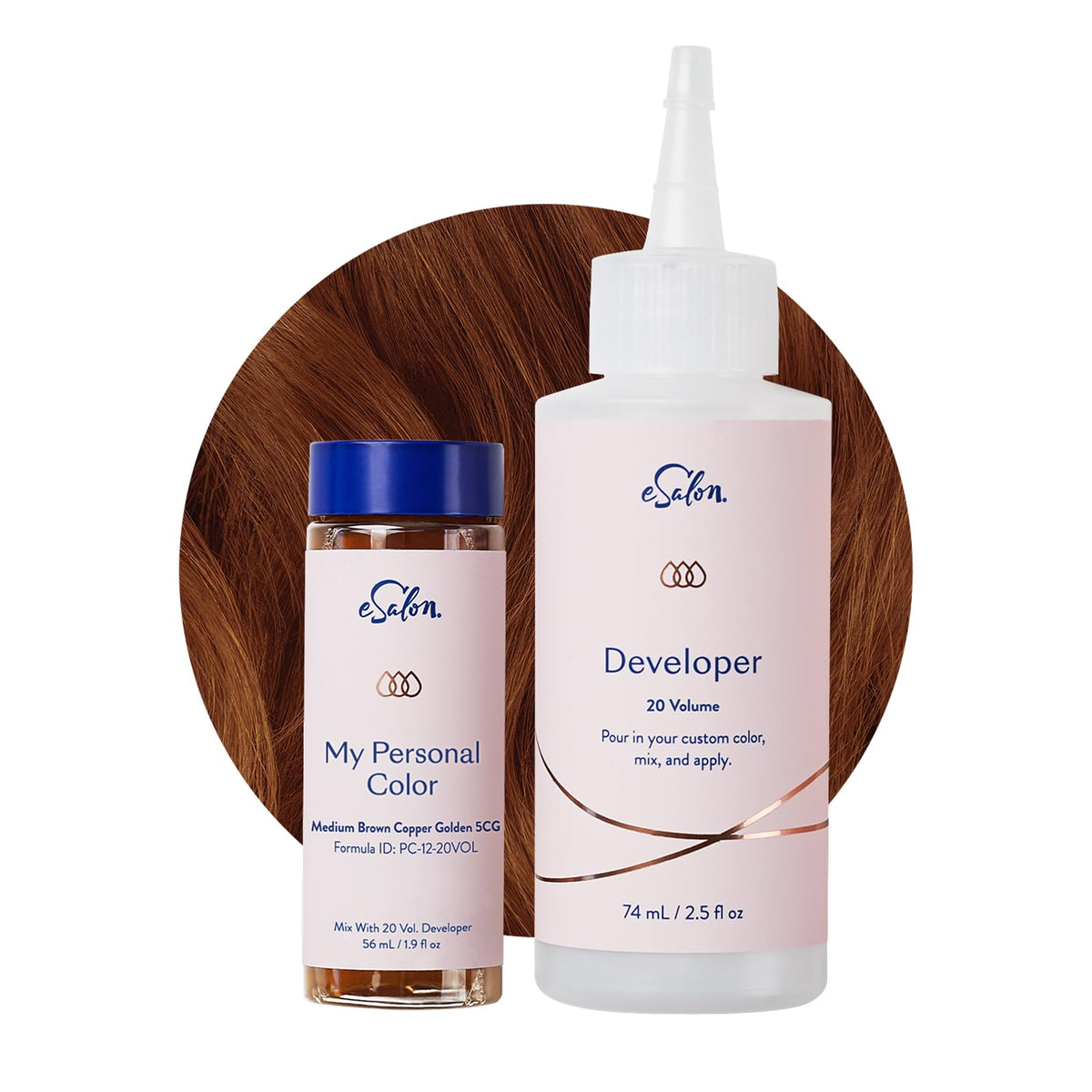 eSalon Permanent Color bottle pouring to apply rich medium brown copper golden shade for salon-like home color