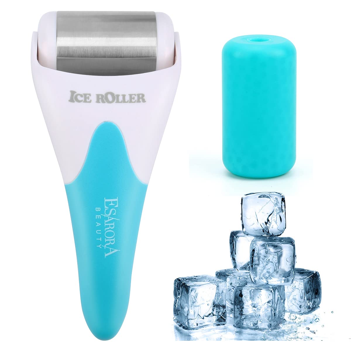 ESARORA Ice Roller on face reducing morning puffiness for a refreshed look