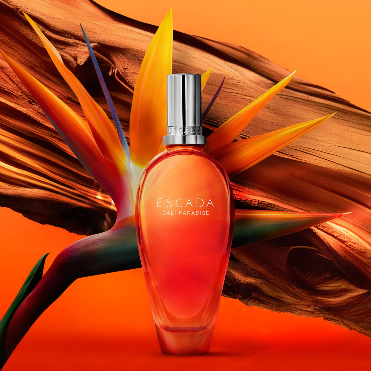 Escada Bali Paradise packaging box displays vibrant branding and eco-conscious message.