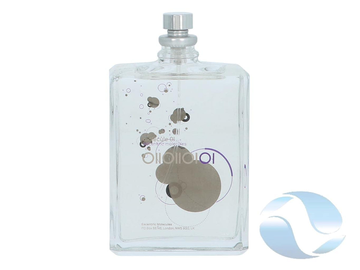 Escentric Molecules Molecule 01 bottle close-up highlighting minimalist design and subtle radiance.