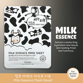 Esfolio Pure Skin Milk Essence label noting nourishing ingredients and suitability.