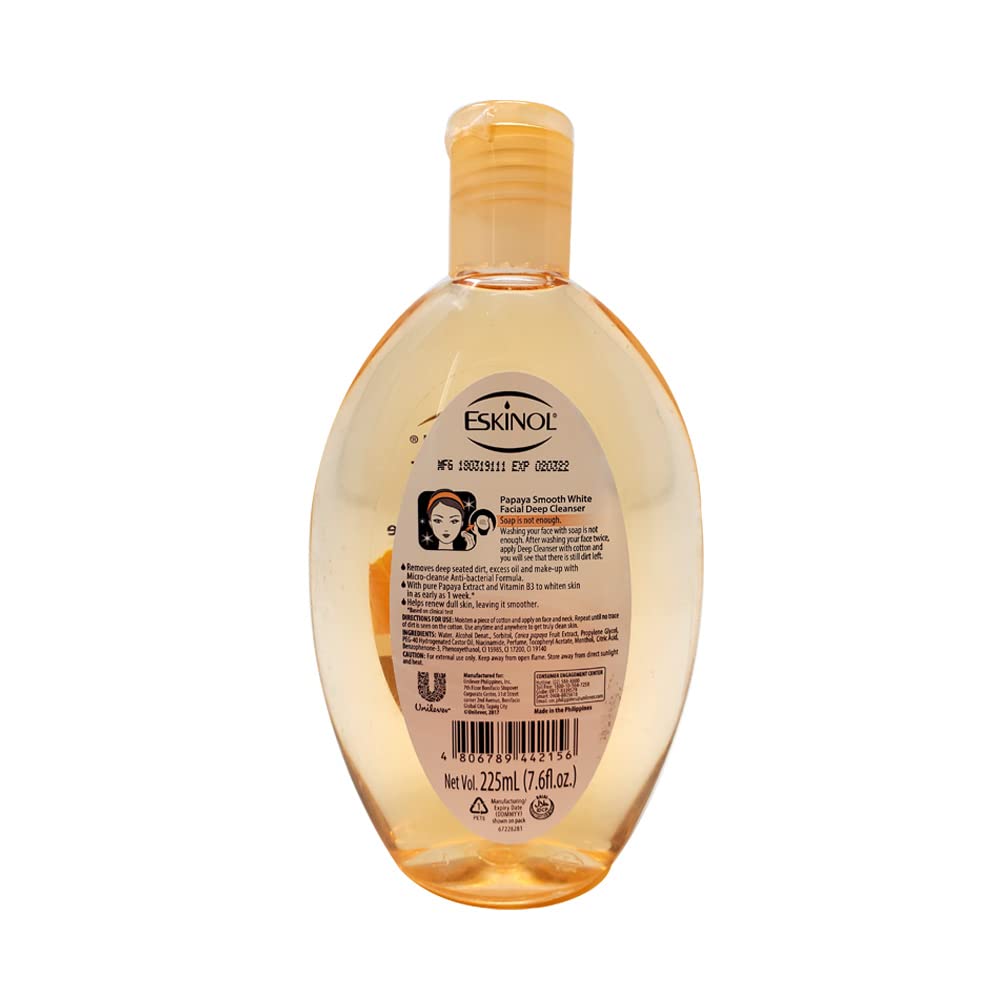 Eskinol Naturals Papaya cleanser bottle 225ml, travel-friendly with subtle papaya scent.