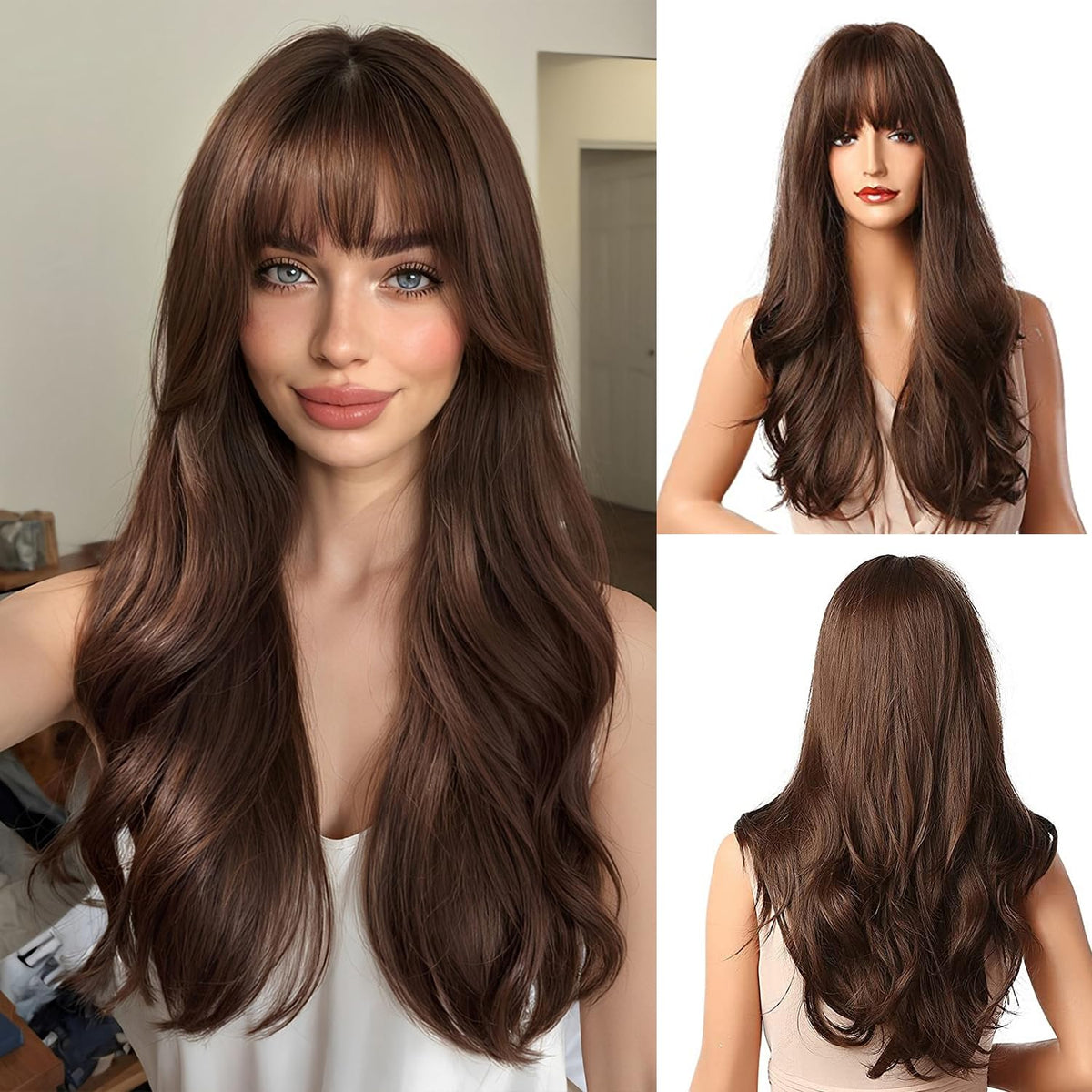 Esmee 24in brown long synthetic wig for versatile styling with heat-friendly capability.