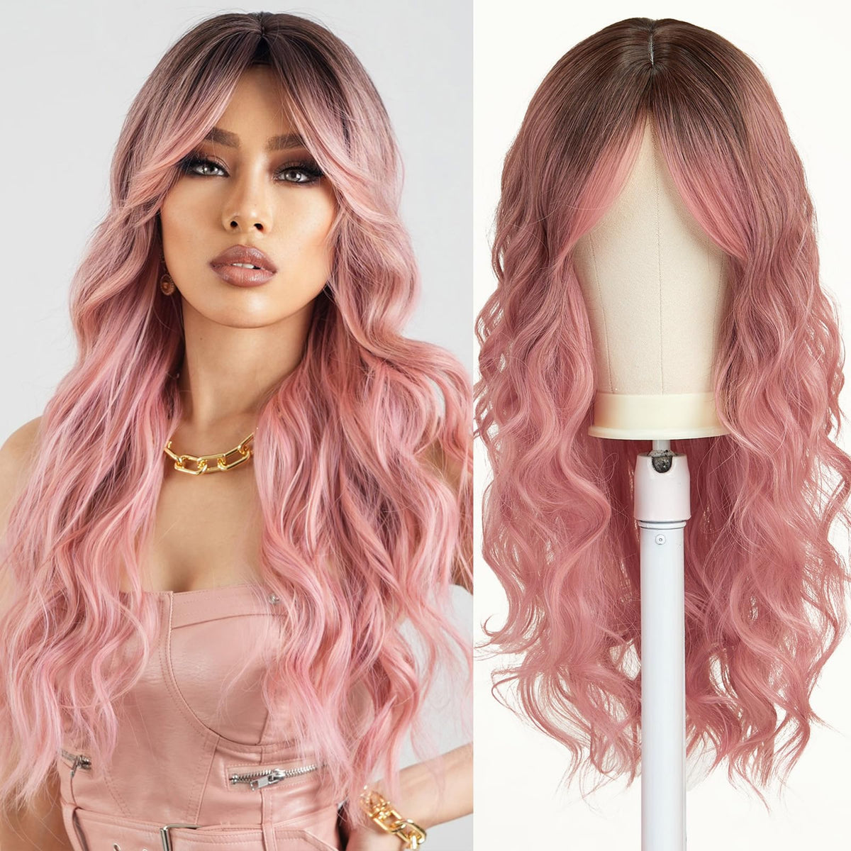 Esmee long wavy pale pink wig with natural texture for daily wear.