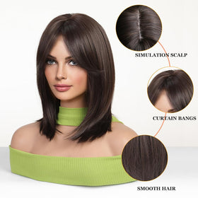 Esmee short straight brown bob wig with curtain bangs back view, smooth silhouette.