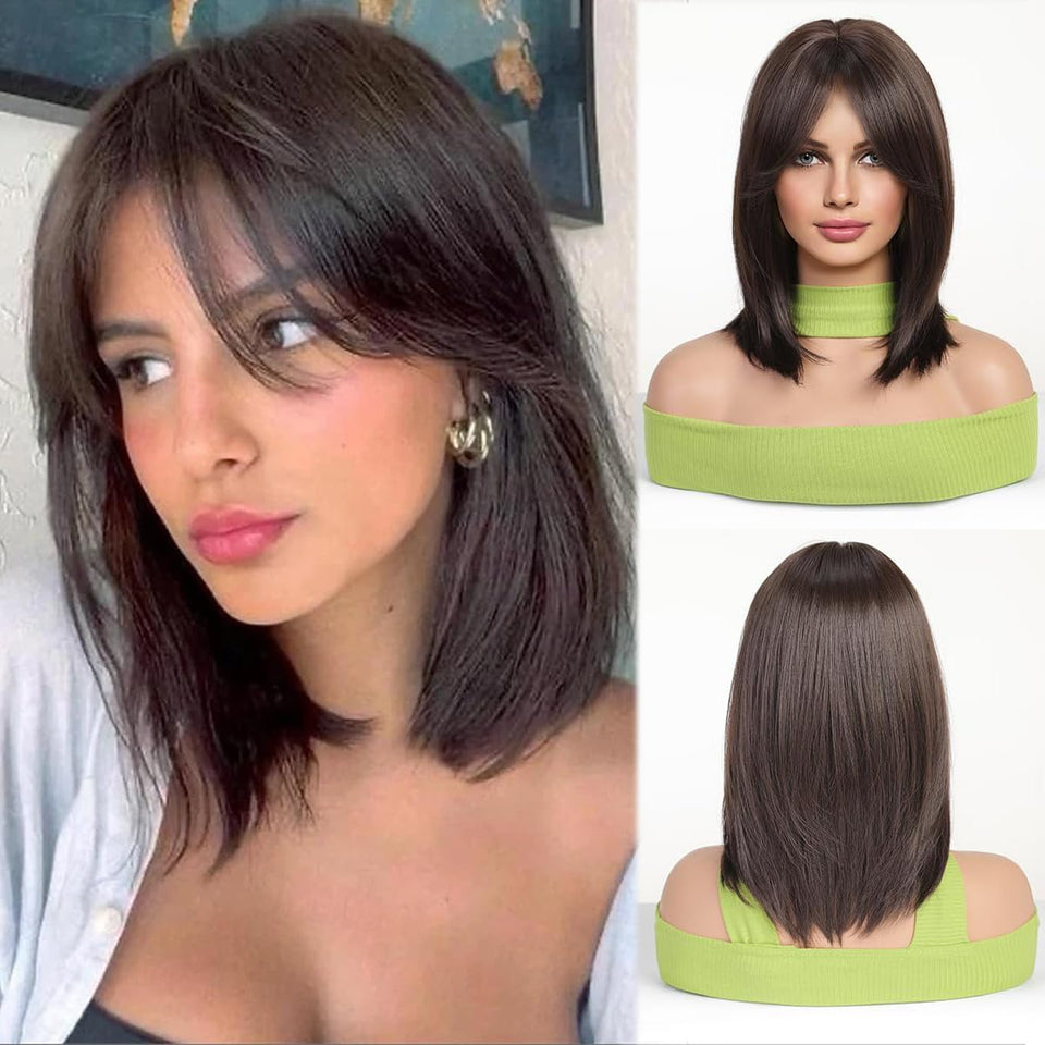 Esmee short straight brown bob wig with curtain bangs front view; natural daily wear.
