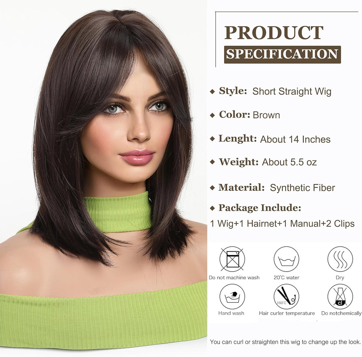 Esmee short straight brown bob wig with curtain bangs side view, versatile everyday styling.