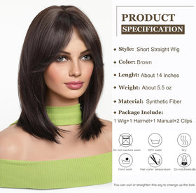 Esmee short straight brown bob wig with curtain bangs side view, versatile everyday styling.