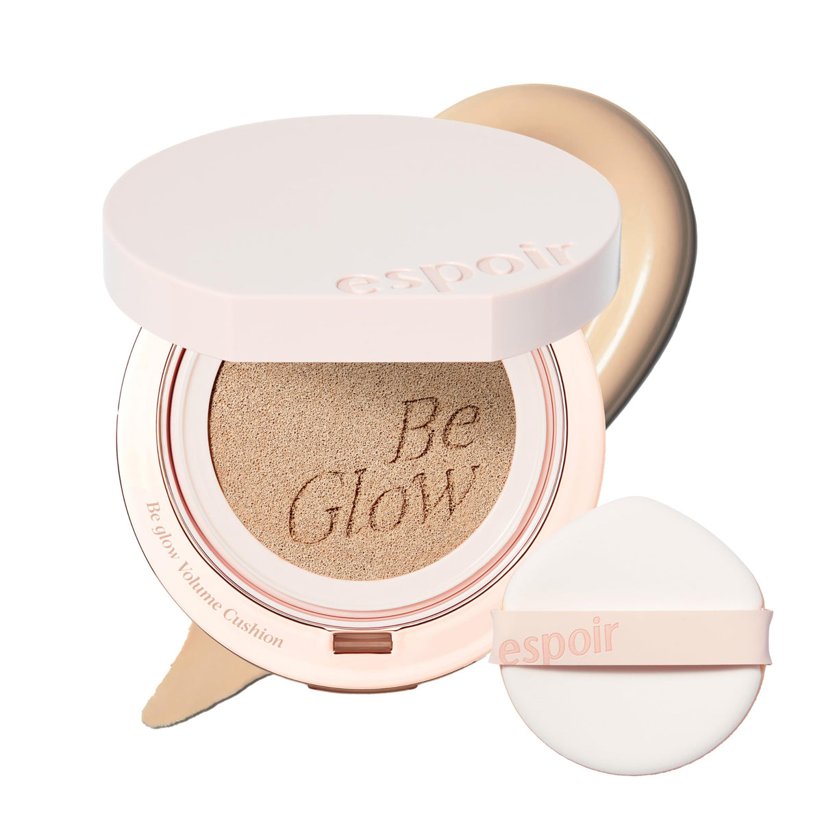 Espoir Be Glow Cushion #23 Beige close-up shows dewy radiant finish for all-day glow