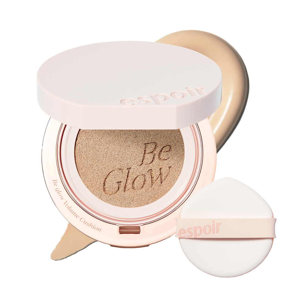 Espoir Be Glow Cushion #23 Beige close-up shows dewy radiant finish for all-day glow