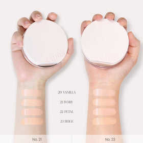 Espoir Be Glow Cushion Ivory packaging back with ingredient highlights.