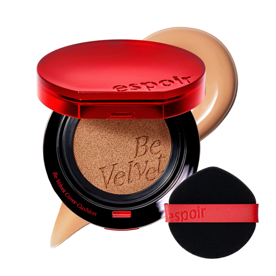 Espoir Be Velvet Cushion compact close-up shows natural coverage and satin finish.