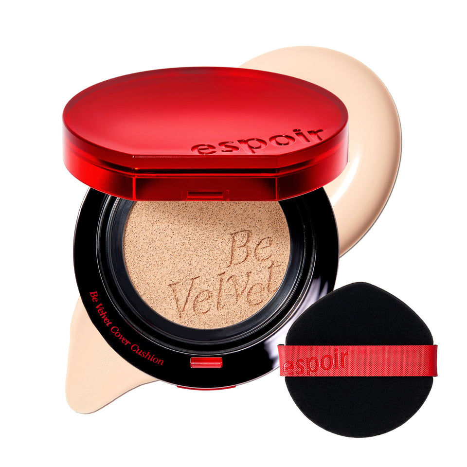 Espoir Be Velvet cushion porcelain compact showing true shade and travel-friendly design