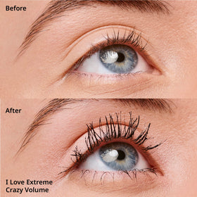 essence I Love Extreme Crazy Volume Mascara apply stroke for bold, voluminous look.